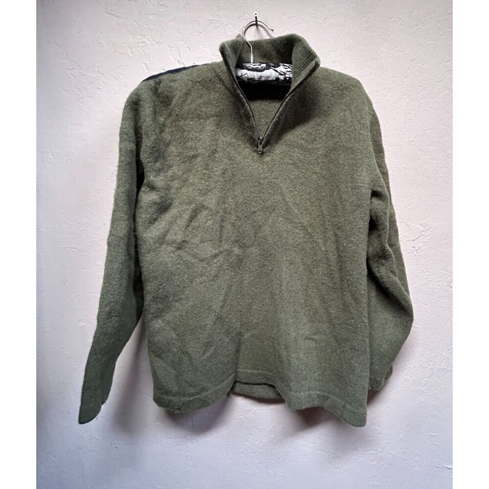 Bossini Sweater Womens Large Green 100% Lambs Wool Knit 1/4 Zip Pullover Casual